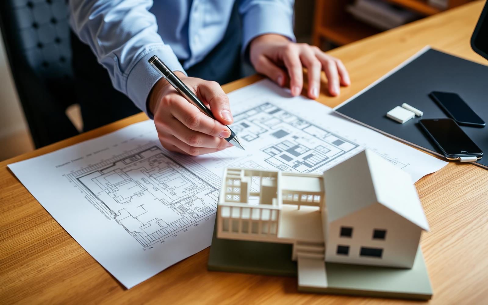 Architecte SOGECORP travaillant sur les plans d'un projet